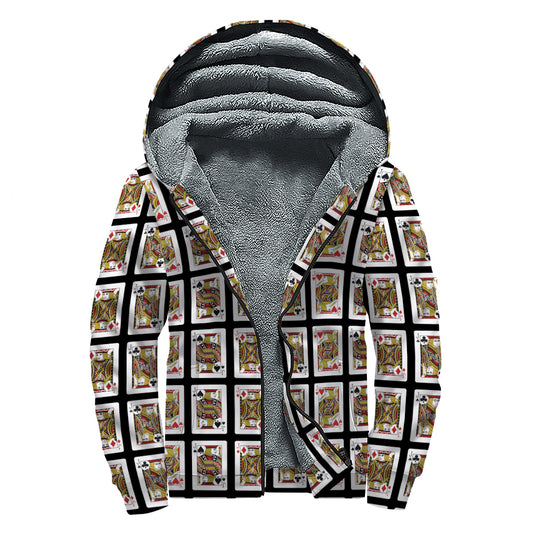 Four Jacks Playing Cards Pattern Print Sherpa Lined Zip Up Hoodie