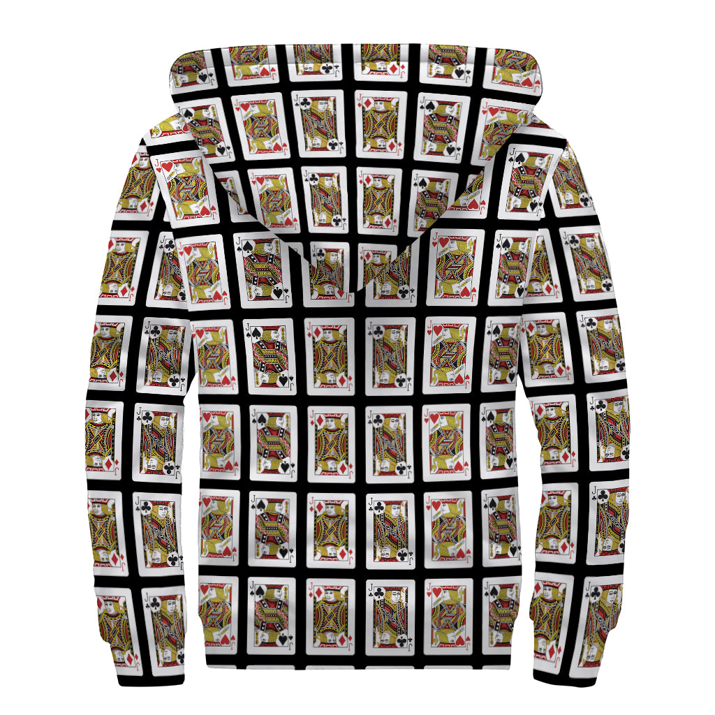 Four Jacks Playing Cards Pattern Print Sherpa Lined Zip Up Hoodie