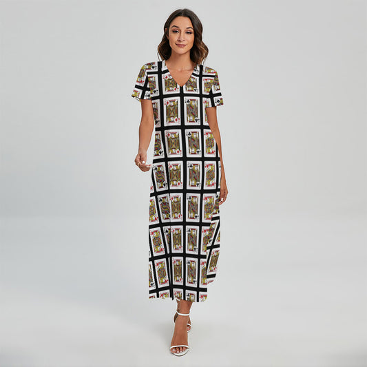 Four Jacks Playing Cards Pattern Print Short Sleeve Maxi Dress