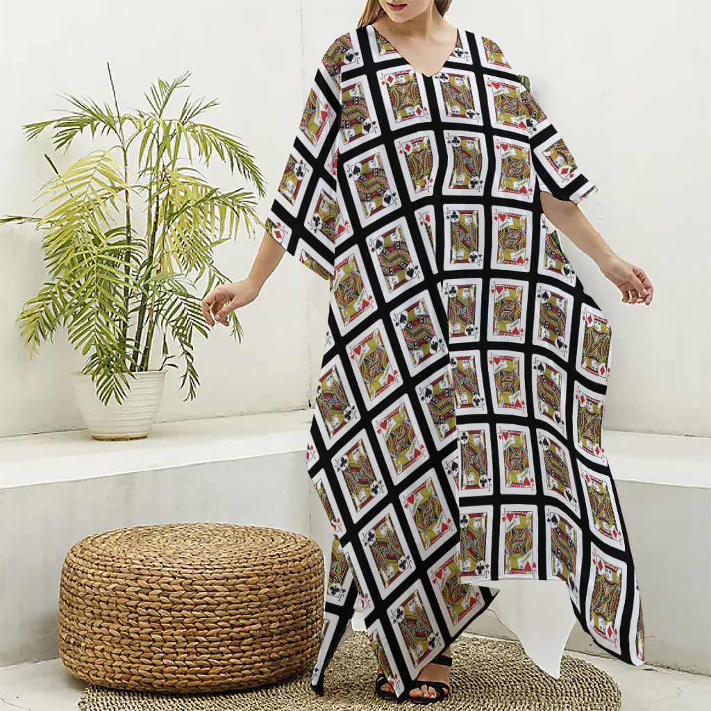 Four Jacks Playing Cards Pattern Print Silk V-Neck Kaftan Dress