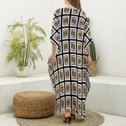 Four Jacks Playing Cards Pattern Print Silk V-Neck Kaftan Dress