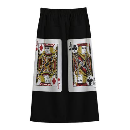 Four Jacks Playing Cards Print Cotton Front Slit Maxi Skirt