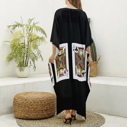 Four Jacks Playing Cards Print Silk V-Neck Kaftan Dress