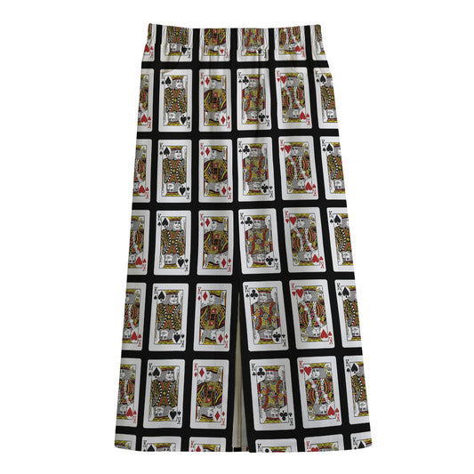 Four Kings Playing Cards Pattern Print Cotton Front Slit Maxi Skirt