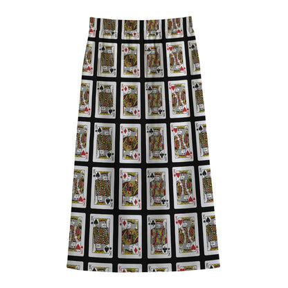 Four Kings Playing Cards Pattern Print Cotton Front Slit Maxi Skirt