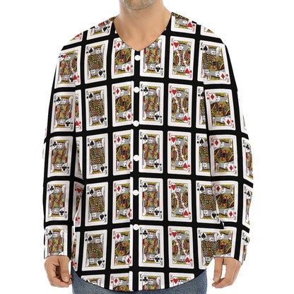 Four Kings Playing Cards Pattern Print Long Sleeve Baseball Jersey