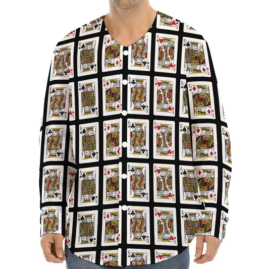 Four Kings Playing Cards Pattern Print Long Sleeve Baseball Jersey