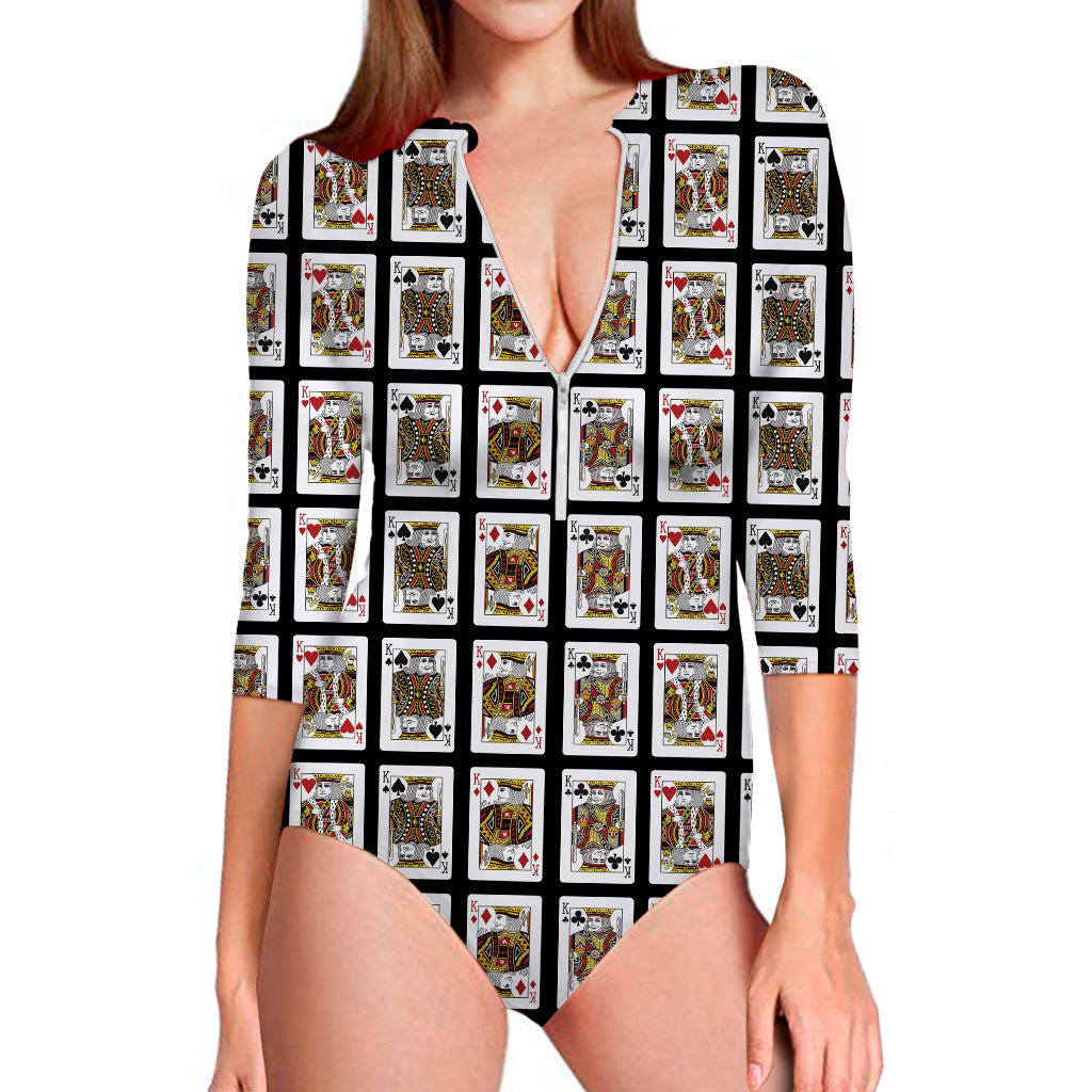 Four Kings Playing Cards Pattern Print Long Sleeve Swimsuit