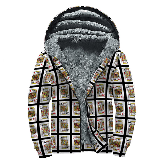 Four Kings Playing Cards Pattern Print Sherpa Lined Zip Up Hoodie