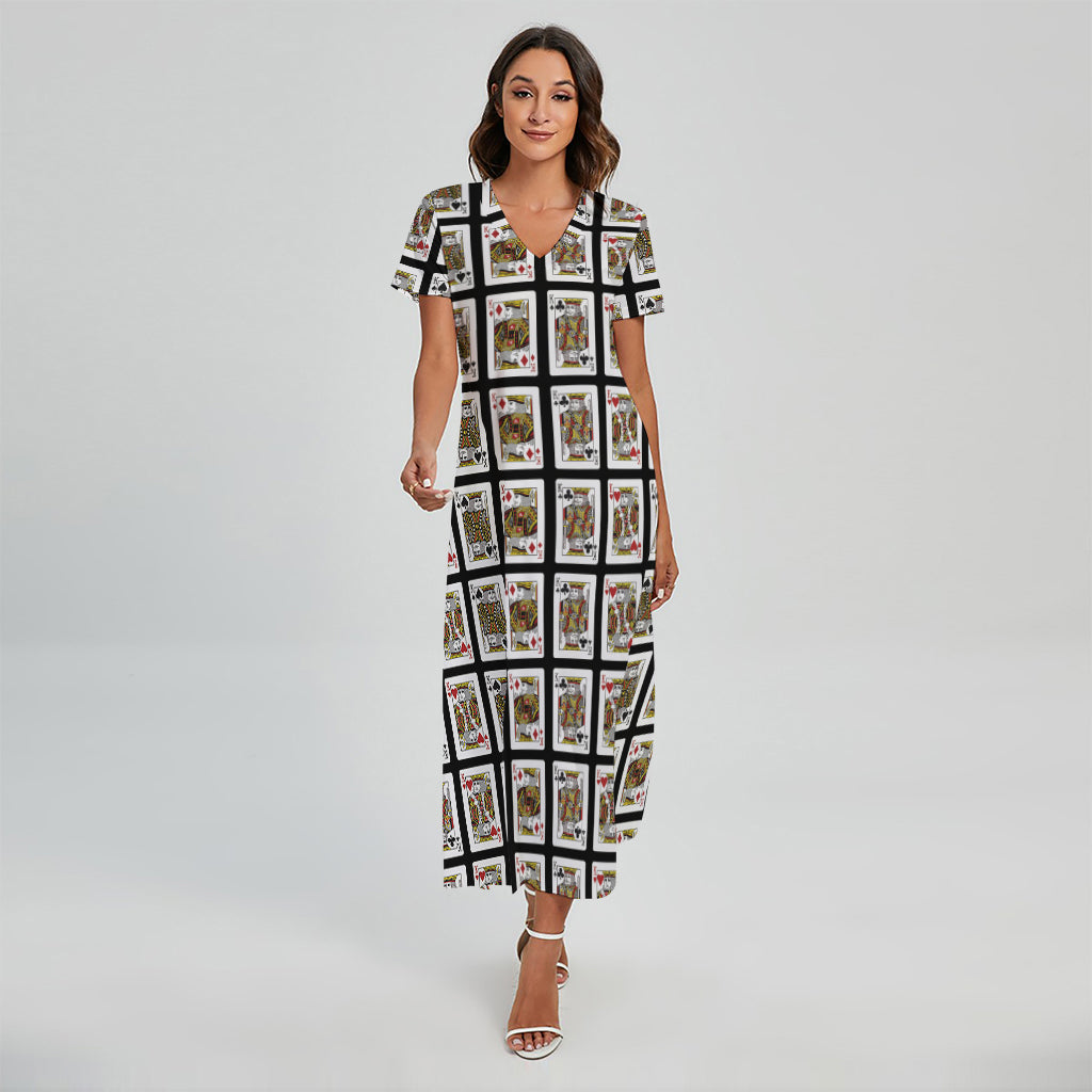 Four Kings Playing Cards Pattern Print Short Sleeve Maxi Dress