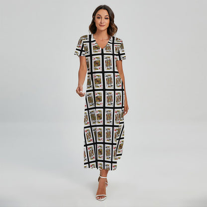 Four Kings Playing Cards Pattern Print Short Sleeve Maxi Dress