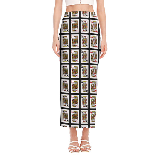 Four Kings Playing Cards Pattern Print Side Slit Maxi Skirt
