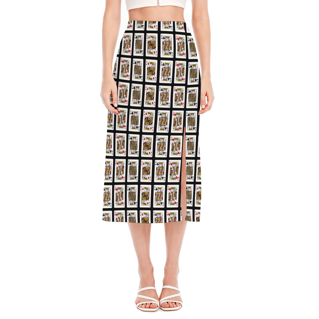 Four Kings Playing Cards Pattern Print Side Slit Midi Skirt