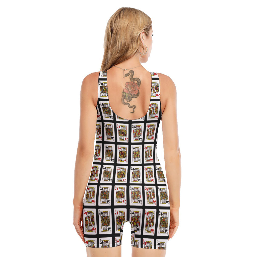 Four Kings Playing Cards Pattern Print Sleeveless One Piece Swimsuit