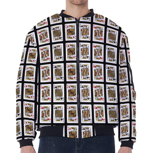 Four Kings Playing Cards Pattern Print Zip Sleeve Bomber Jacket