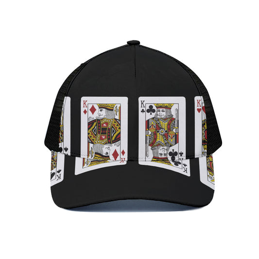Four Kings Playing Cards Print Black Mesh Trucker Cap