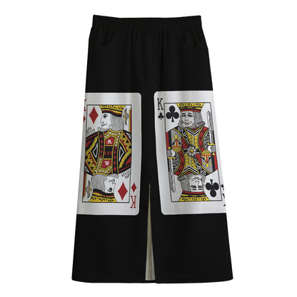 Four Kings Playing Cards Print Cotton Front Slit Maxi Skirt