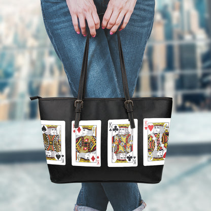 Four Kings Playing Cards Print Leather Tote Bag