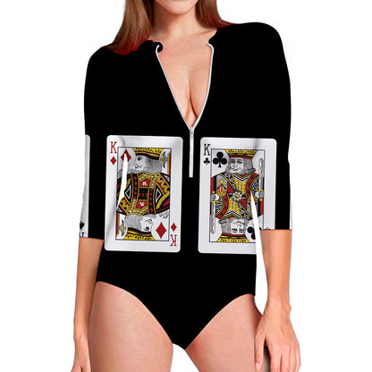 Four Kings Playing Cards Print Long Sleeve Swimsuit