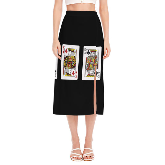 Four Kings Playing Cards Print Side Slit Midi Skirt