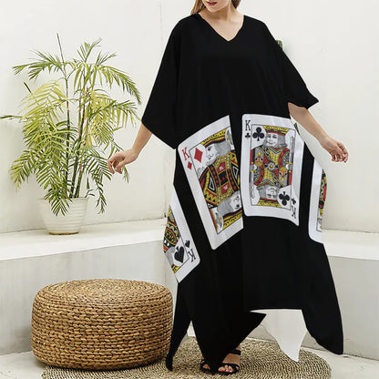 Four Kings Playing Cards Print Silk V-Neck Kaftan Dress