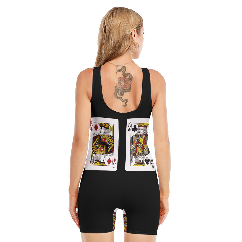Four Kings Playing Cards Print Sleeveless One Piece Swimsuit