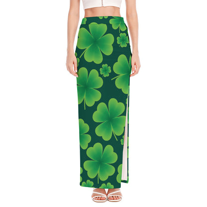 Four-Leaf Clover St. Patrick's Day Print High Slit Maxi Skirt