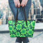 Four-Leaf Clover St. Patrick's Day Print Leather Tote Bag