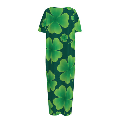 Four-Leaf Clover St. Patrick's Day Print Short Sleeve Long Nightdress