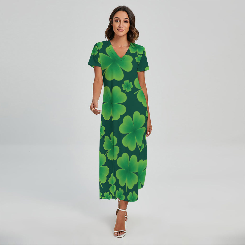 Four-Leaf Clover St. Patrick's Day Print Short Sleeve Maxi Dress