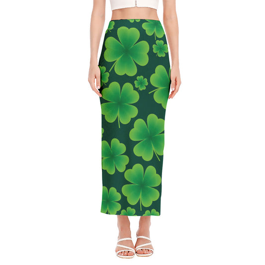Four-Leaf Clover St. Patrick's Day Print Side Slit Maxi Skirt