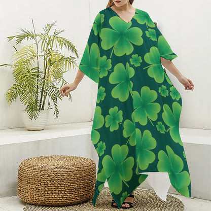 Four-Leaf Clover St. Patrick's Day Print Silk V-Neck Kaftan Dress
