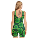 Four-Leaf Clover St. Patrick's Day Print Sleeveless One Piece Swimsuit