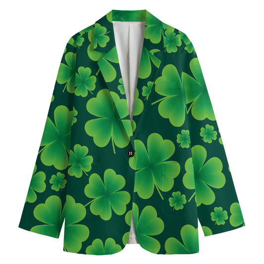 Four-Leaf Clover St. Patrick's Day Print Women's Cotton Blazer