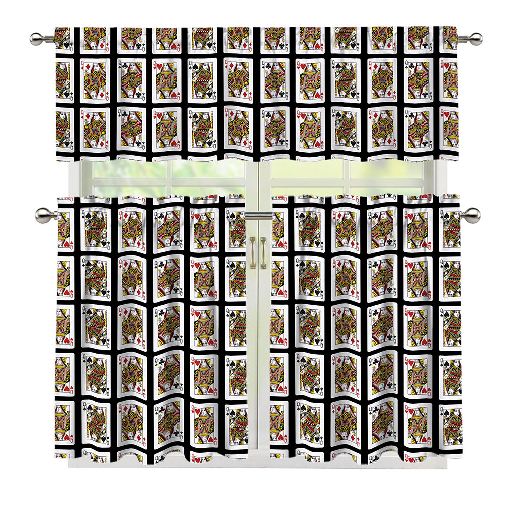 Four Queens Playing Cards Pattern Print 3 Piece Kitchen Curtains