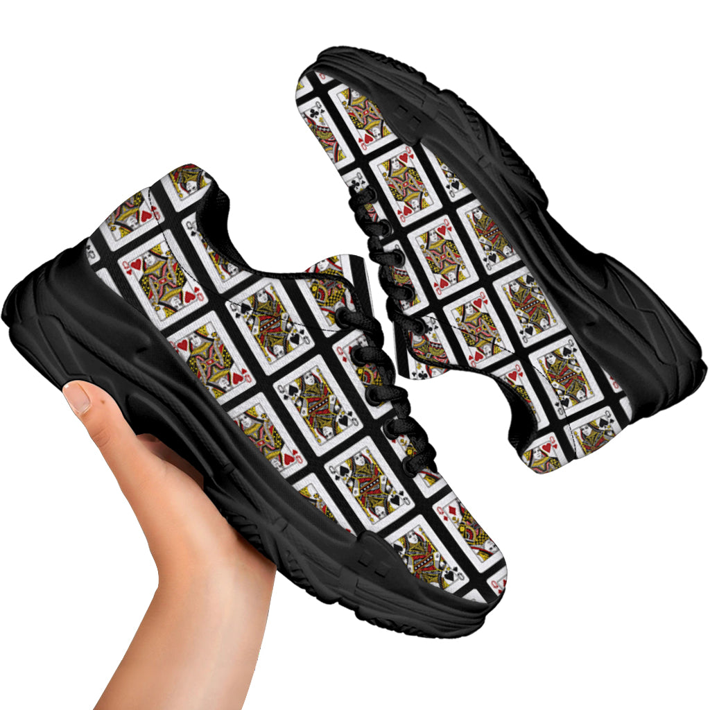 Four Queens Playing Cards Pattern Print Black Chunky Shoes
