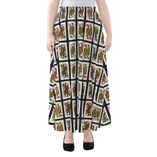Four Queens Playing Cards Pattern Print Chiffon Maxi Skirt