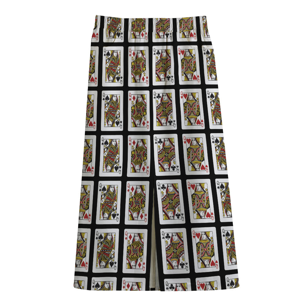 Four Queens Playing Cards Pattern Print Cotton Front Slit Maxi Skirt