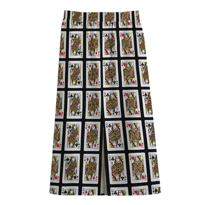 Four Queens Playing Cards Pattern Print Cotton Front Slit Maxi Skirt