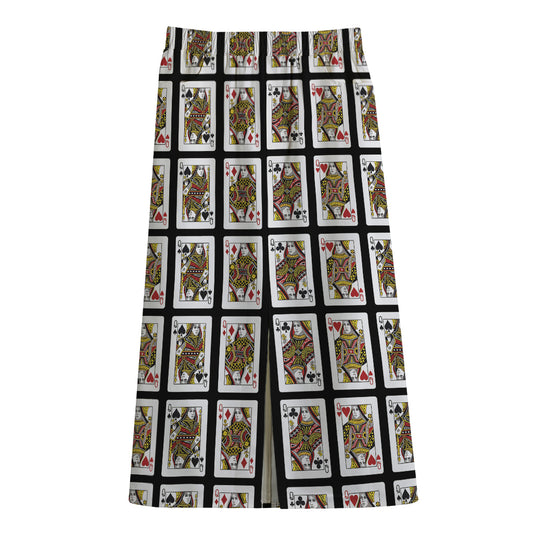 Four Queens Playing Cards Pattern Print Cotton Front Slit Maxi Skirt
