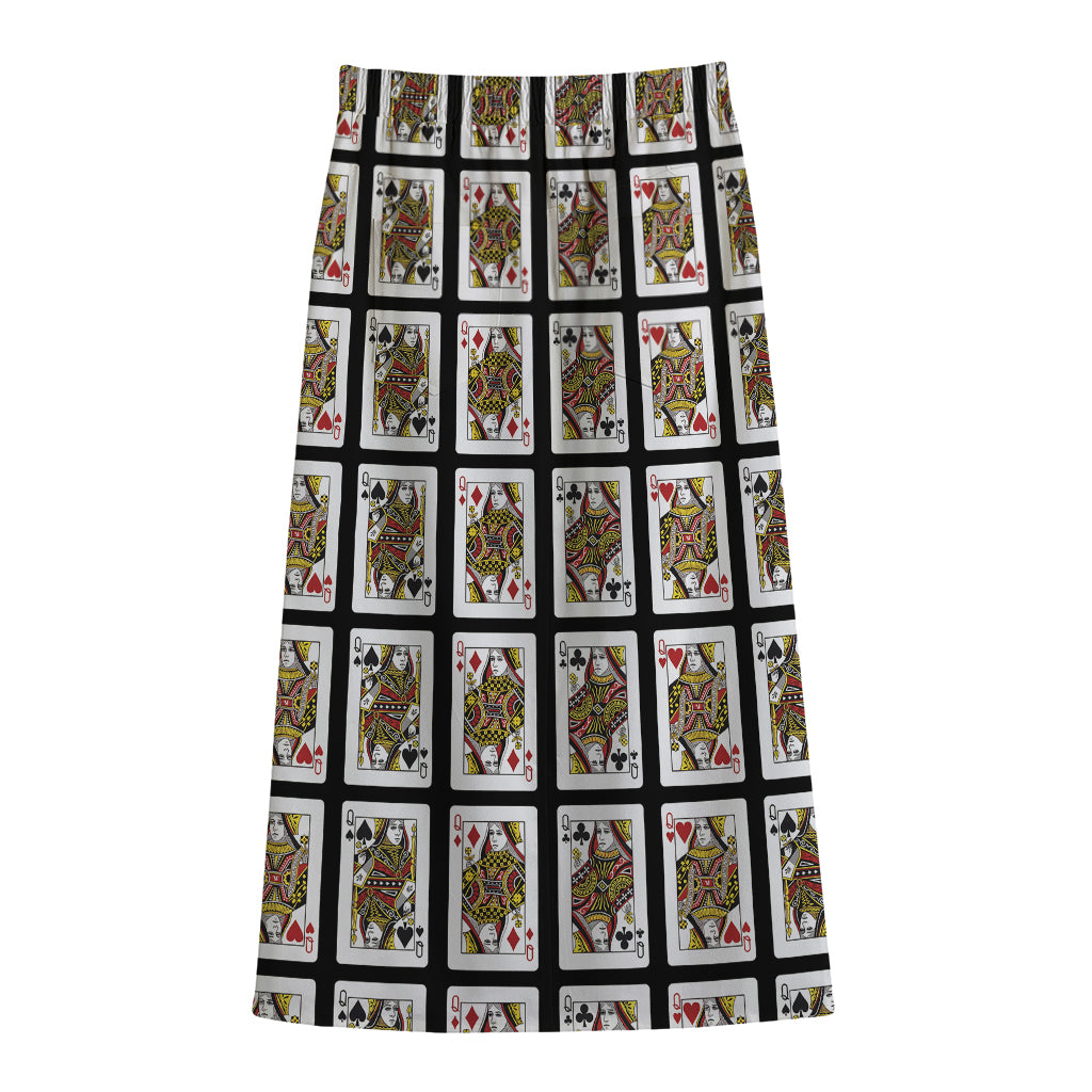 Four Queens Playing Cards Pattern Print Cotton Front Slit Maxi Skirt