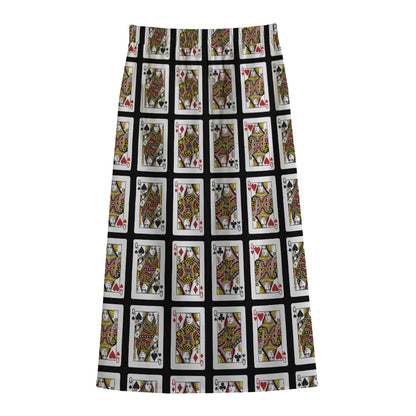 Four Queens Playing Cards Pattern Print Cotton Front Slit Maxi Skirt