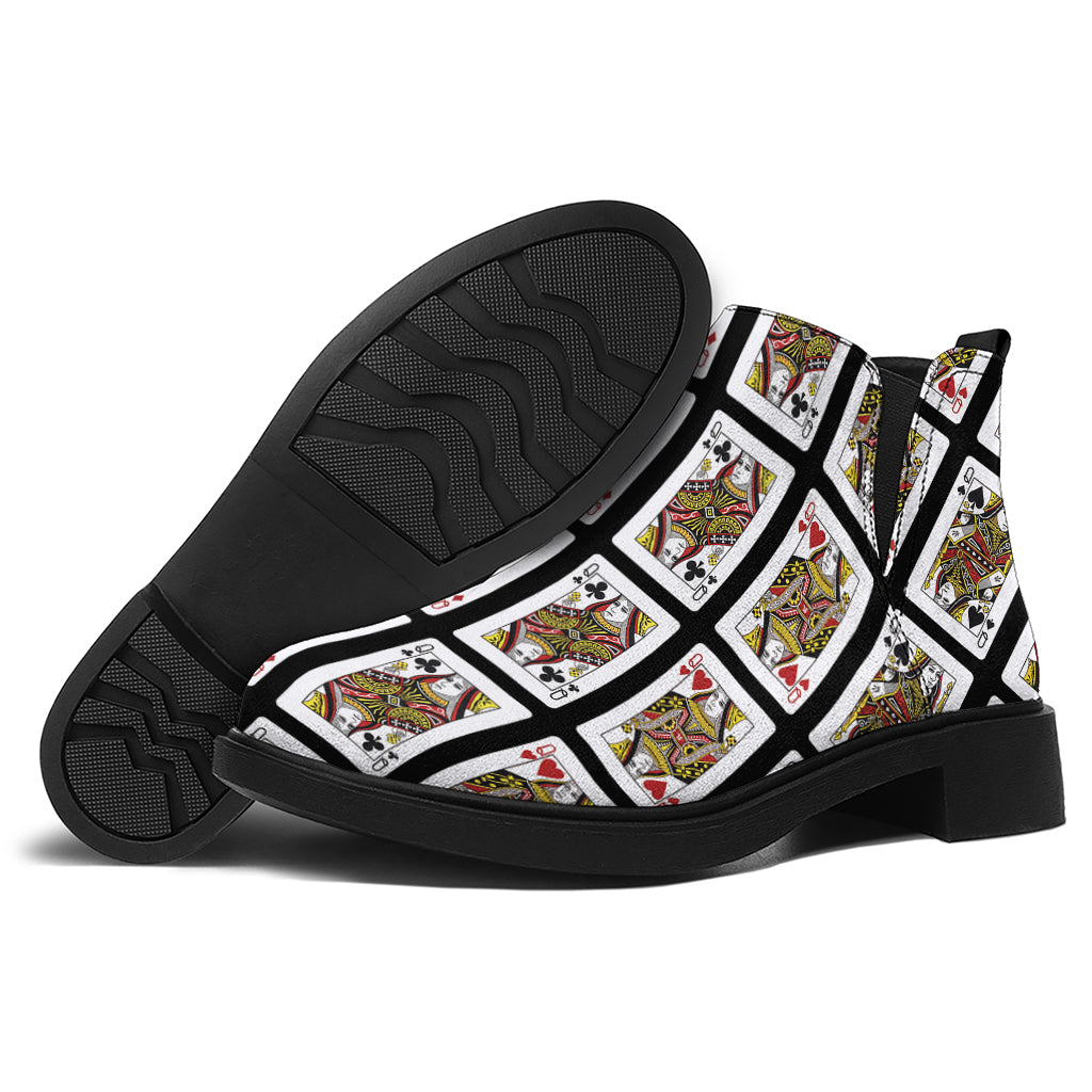 Four Queens Playing Cards Pattern Print Flat Ankle Boots