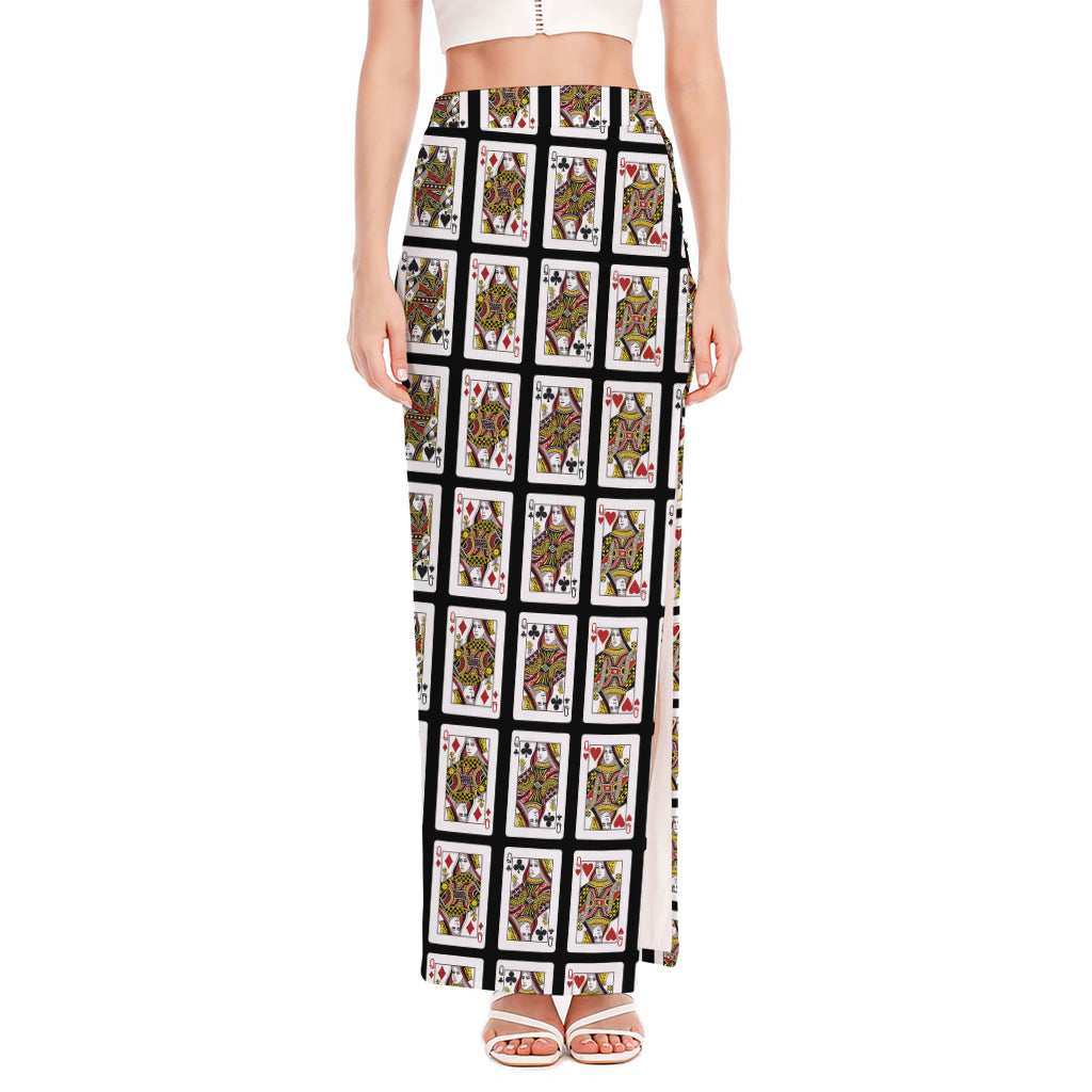 Four Queens Playing Cards Pattern Print High Slit Maxi Skirt