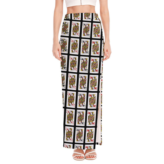 Four Queens Playing Cards Pattern Print High Slit Maxi Skirt