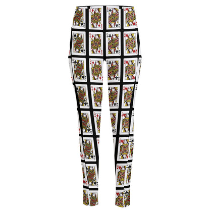 Four Queens Playing Cards Pattern Print High-Waisted Pocket Leggings