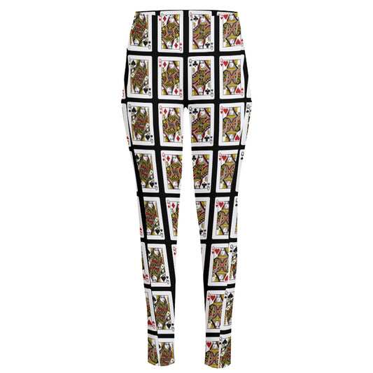 Four Queens Playing Cards Pattern Print High-Waisted Pocket Leggings