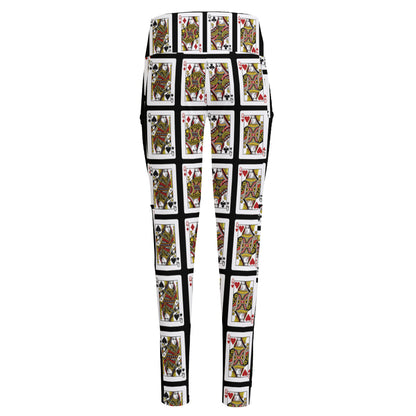Four Queens Playing Cards Pattern Print High-Waisted Pocket Leggings