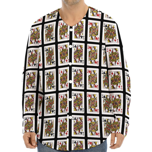 Four Queens Playing Cards Pattern Print Long Sleeve Baseball Jersey