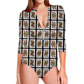 Four Queens Playing Cards Pattern Print Long Sleeve Swimsuit